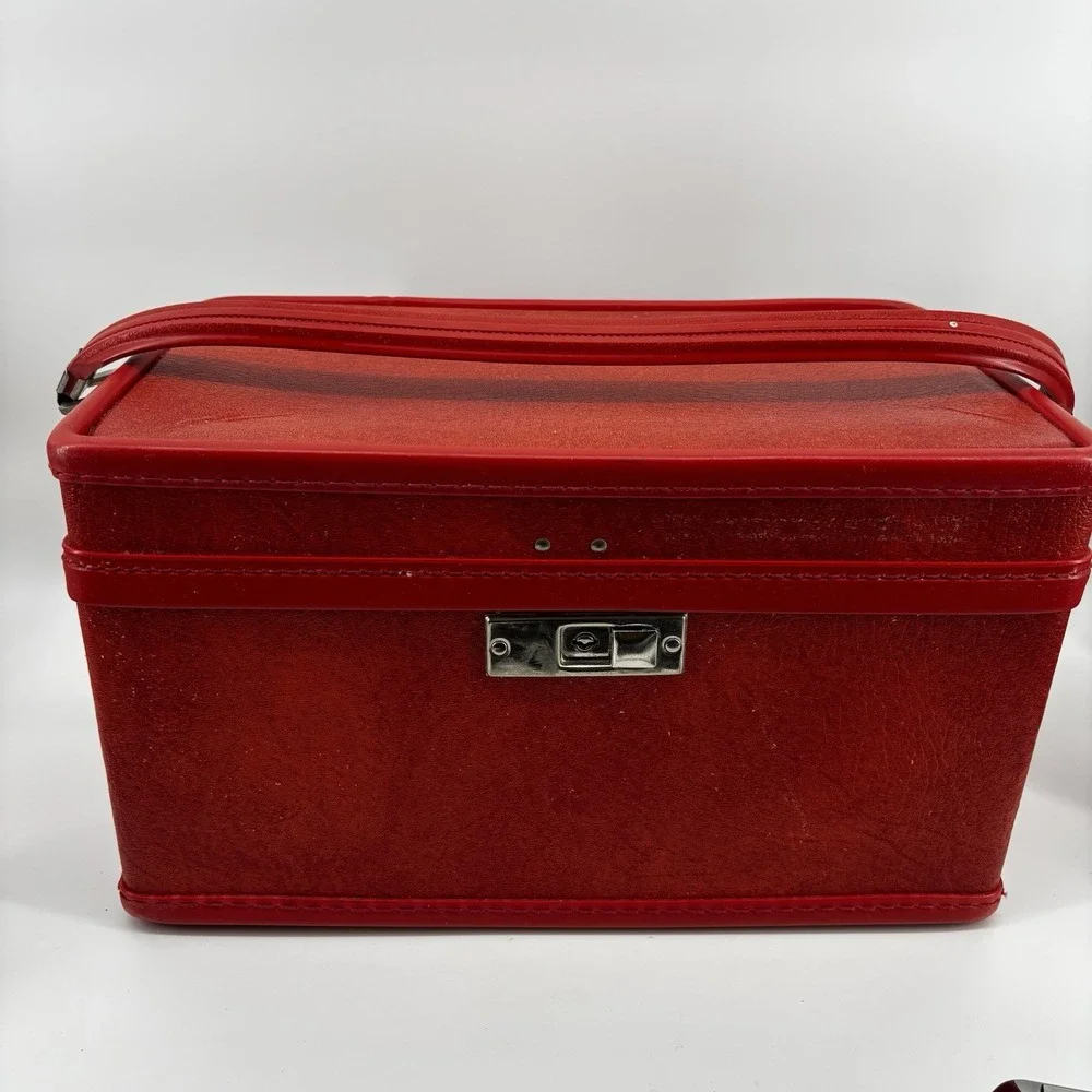 Red Orange Train Vanity Case Vintage Luggage Sesame Lined Snap Closing